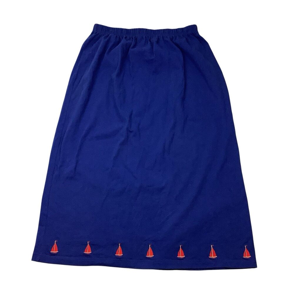 The Quacker Factory Long Maxi Skirt Women 1X Blue Red Cotton Sailboat Modest